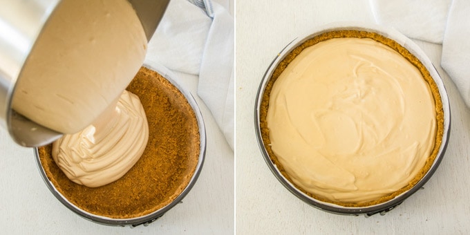 A cheesecake crust being filled with cheesecake mixture.