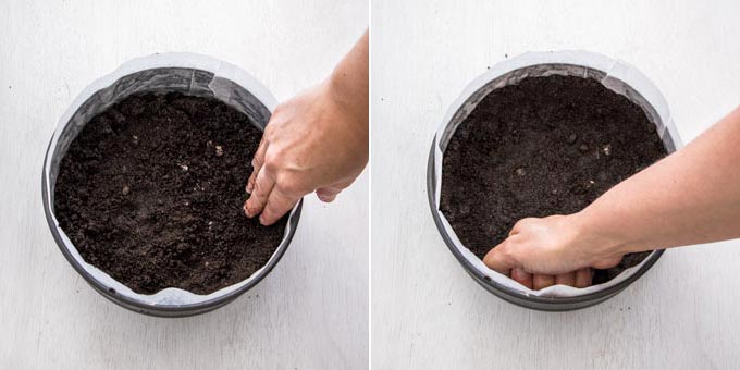 2 photos showing chocolate cookie crumbs being pressed into the base of a springform tin.