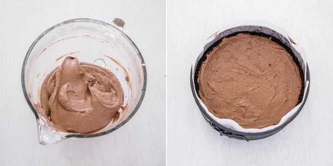 2 photos showing chocolate cheesecake filling in a glass bowl and then leveled out inside a baking tin.