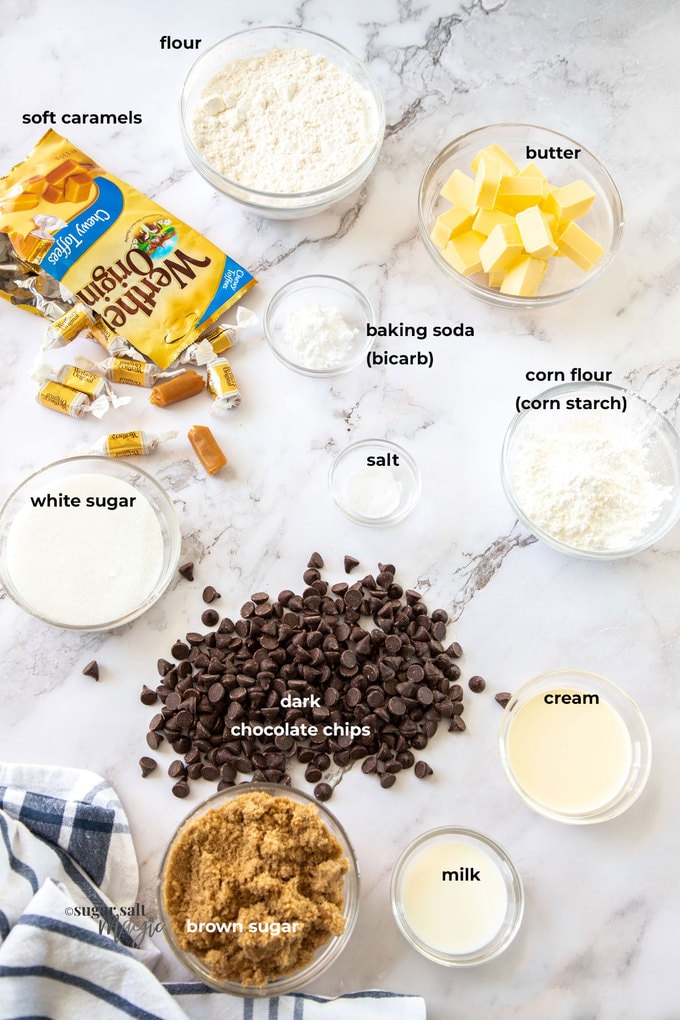 Baking ingredients laid out on a marble surface