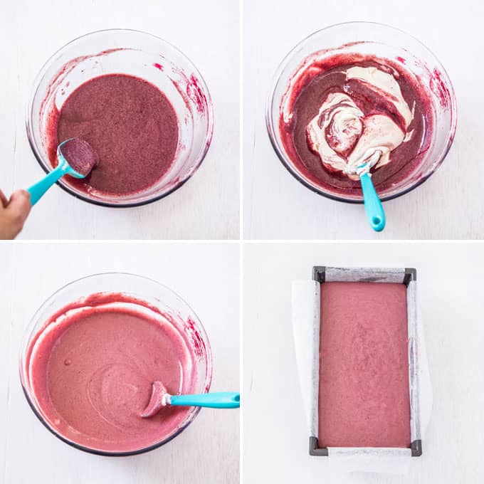 A collage showing the mixing of cherry ice cream