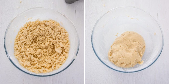 2 photos: crumbly biscuit dough in a glass bowl, biscuit dough is shaped into a ball