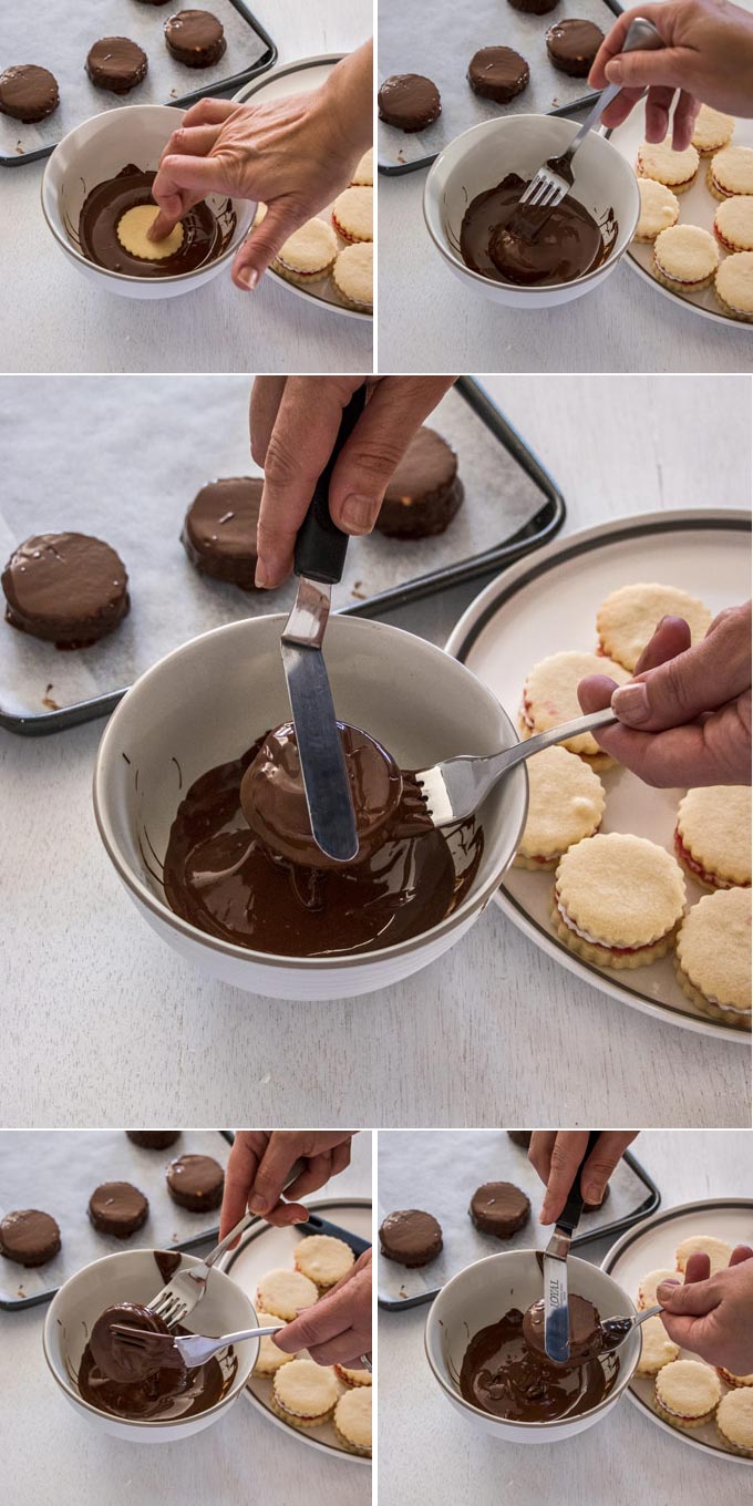 Collage of 5 photos showing how to dip cookies in melted chocolate