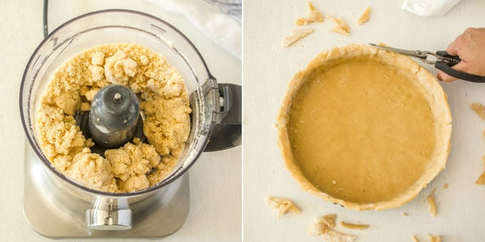 2 photos: tart dough in a food processor, tart dough shaped in a tart pan