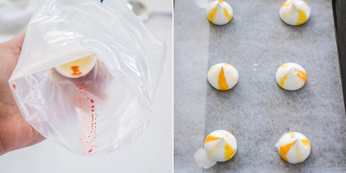 Collage of 2 photos showing how to get yellow stripes on meringue kisses.