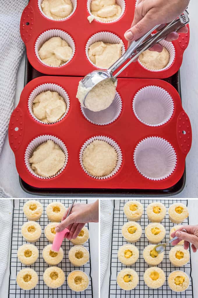 Collage of 3 photos: dividing cupcake batter in red muffin tins, cutting out holes from baked cupcakes, filling cupcakes with passionfruit curd.