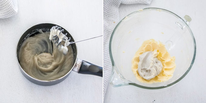 Collage of 2 photos showing how to make coconut buttercream.