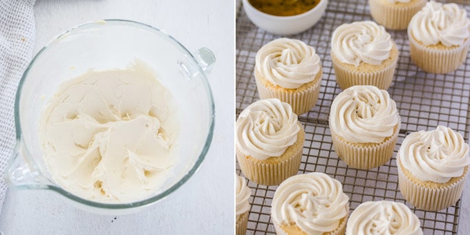Collage of 2 photos: coconut buttercream in a mixing bowl, cupcakes topped with buttercream on a wire rack.