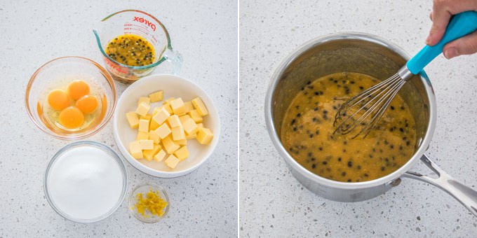 2 photos: ingredients for passionfruit curd, cooking passionfruit curd in a saucepan.