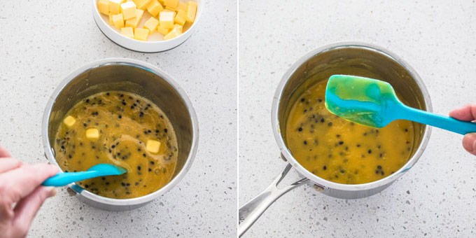 2 photos: stirring butter into passionfruit curd, showing the curd texture on a blue spatula.