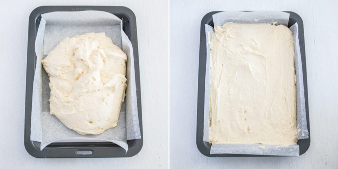 2 photos: spreading cake batter into a rectangular cake tin