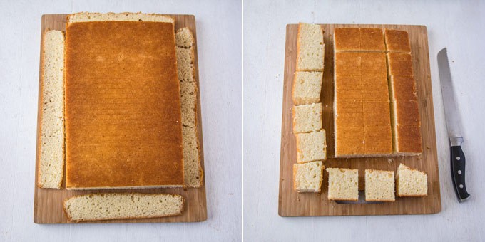 2 photos: trimming the edges of the cake, cutting into squares