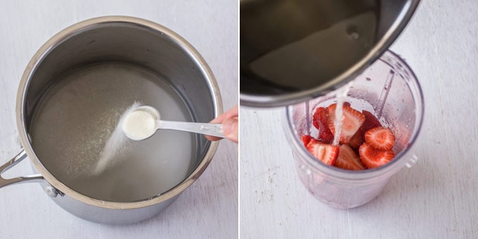 2 photos: adding gelatine into water, adding gelatine mixture to fresh strawberries