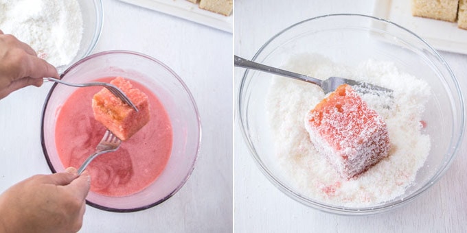 2 photos: dipping cake into strawberry mixture, rolling cake in coconut
