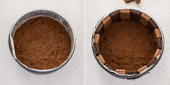 2 photos: adding Tim Tam crust to a cake tin, placing whole Tim Tam to line the edge of the cake tin