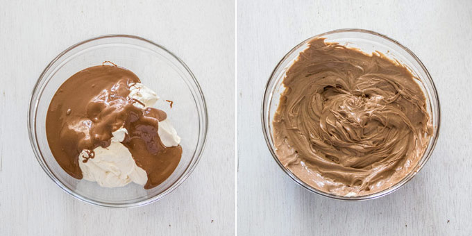 2 photos: incorporating milk chocolate into the cheesecake mixture
