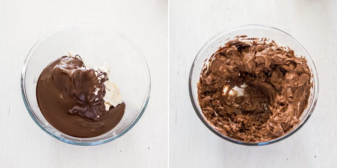 2 photos: incorporating dark chocolate into the cheesecake mixture