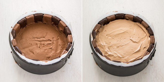 2 photos: adding 2 layers of chocolate cheesecake filling 