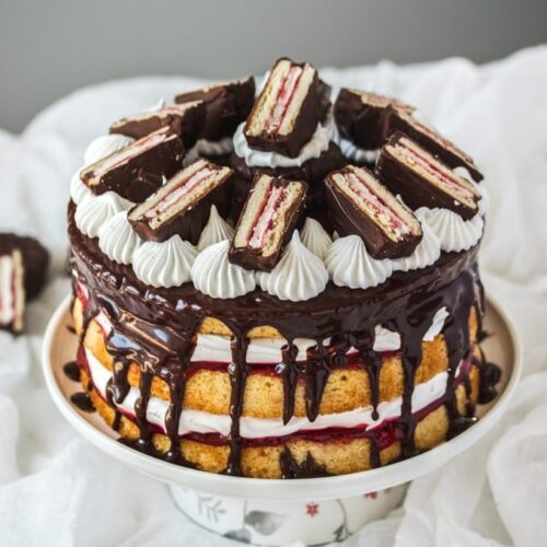This Wagon Wheel Cake with its marshmallow frosting, vanilla sponge cake, jam and mini wagon wheels is so much fun and makes a brilliant Australia Day cake.
