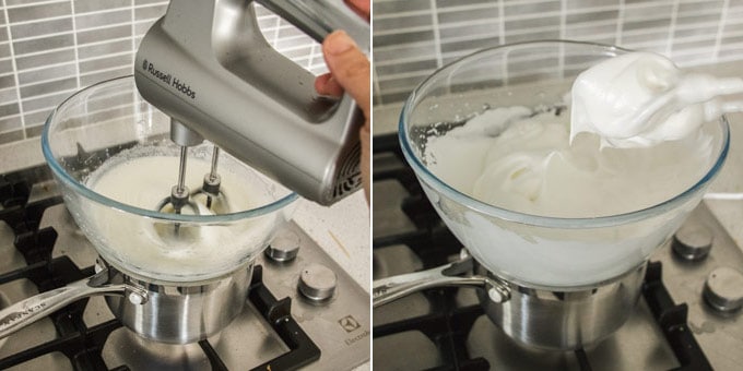 2 photos: beating meringue over a pot of hot water