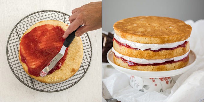 2 photos: adding jam on top of vanilla cake, a 3-layer cake with jam and white frosting between each layer on a cake stand