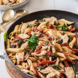 Chicken Penne Pasta with sundried tomatoes in a skillet