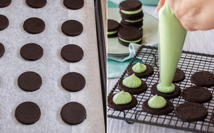 2 photos: Raw cookies on a cookie tray, then being piped with mint buttercream after baking