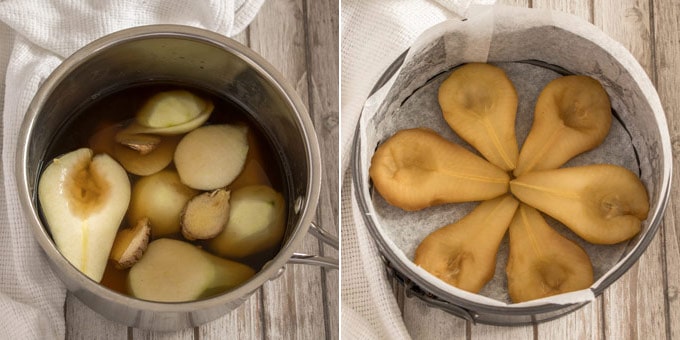 2 photos: Poaching pears in a ginger syrup, poached pears in a cake tin