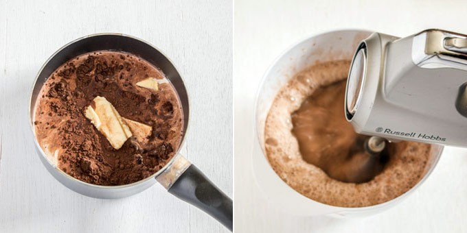 2 photos: Combining ingredients for chocolate custard