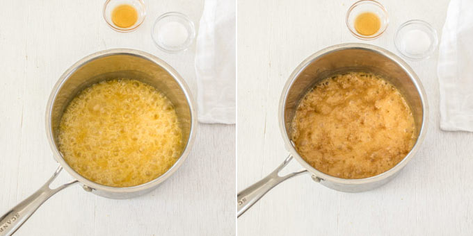 2photos: Boiling the caramel mixture for hazelnut praline