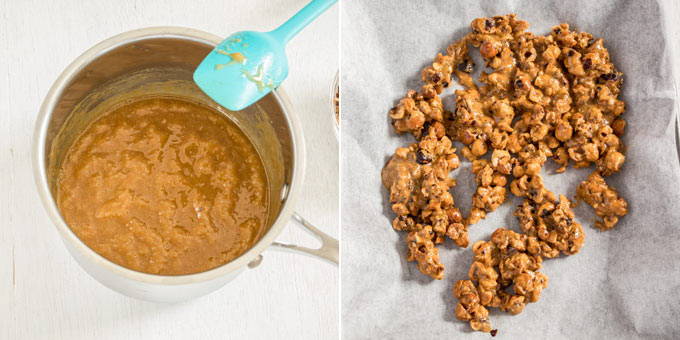 2 photos: Mixing together and setting the hazelnut praline