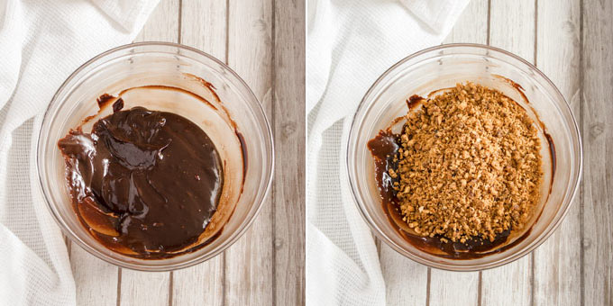 2 photos: Adding hazelnut praline to a bowl of chocolate ganache