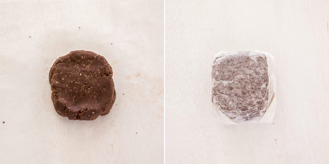 2 foto 's: chocolade gebak schijf, verpakt de chocolade gebak