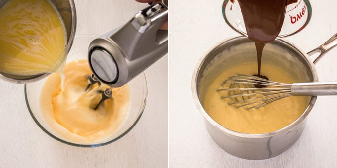 2 photos: Mixing together the chocolate custard ingredients, adding chocolate