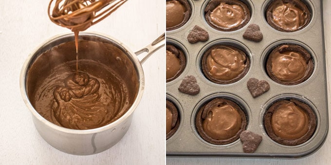 2 photos: chocolate custard in a saucepan, chocolate custard added to the pastry shells in a muffin pan