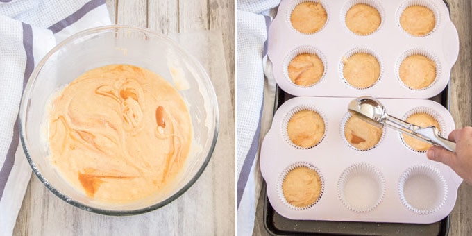2 photos: cupcake batter in a mixing bowl, dividing batter into muffin tins