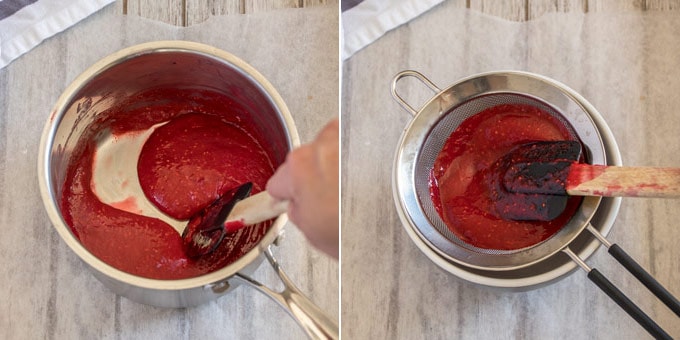 2 photos: Making simple raspberry filling, straining filling through a sieve