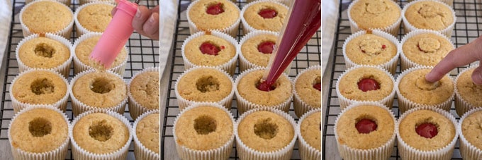 3 photos: cutting a hole in the cupcakes, filling with raspberry filling, place the cut out cupcake piece back into the hole