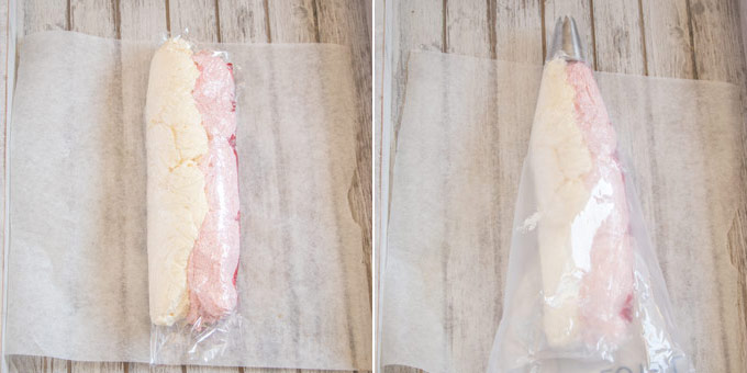 2 photos: wrapping 3 tone frosting in plastic, then place inside a pastry bag