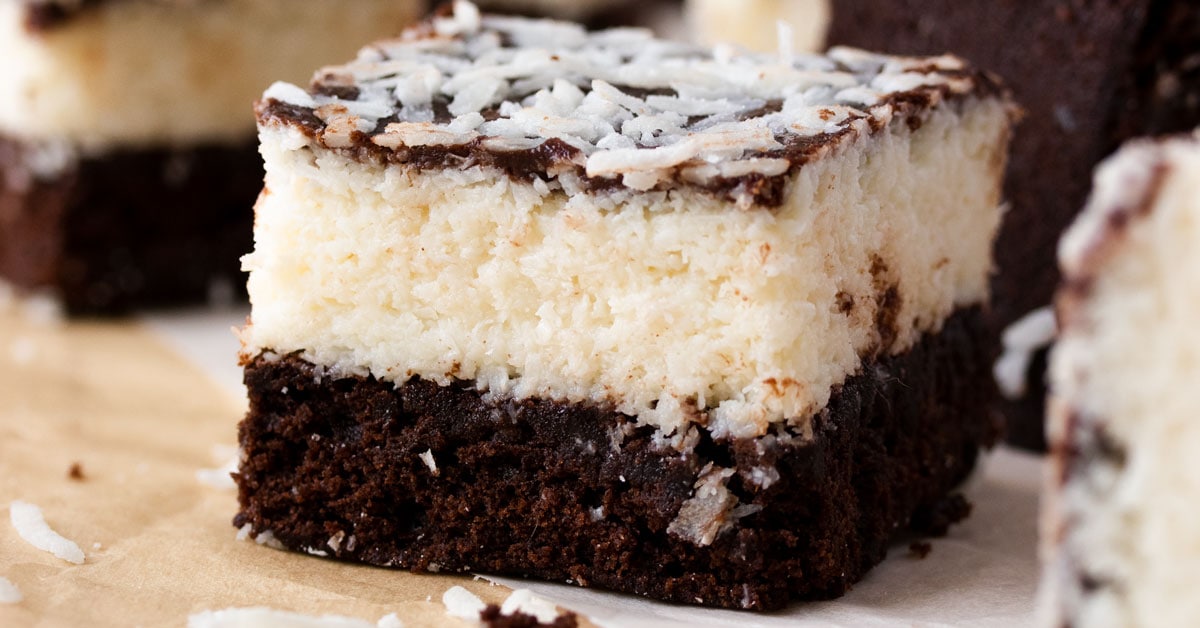 Close up of one single chocolate coconut brownie