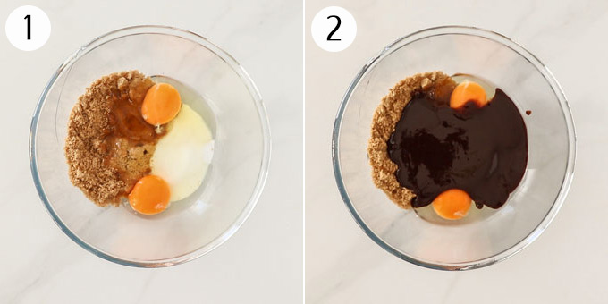 2 photos of mixing bowls showing eggs, sugar and melted chocolate added
