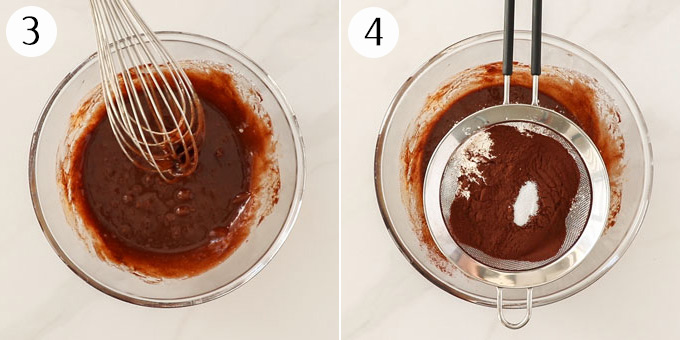 2 photos showing a mixing bowl with a whisk in brownie batter and then with a sieve on top with some dry ingredients