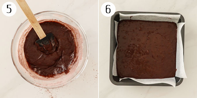 2 photos: A bowl of chocolate brownie batter, then batter poured into a baking tin.
