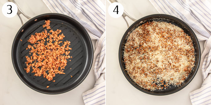 2 photos: A large frying pan with finely chopped chorizo, bread crumbs are added.