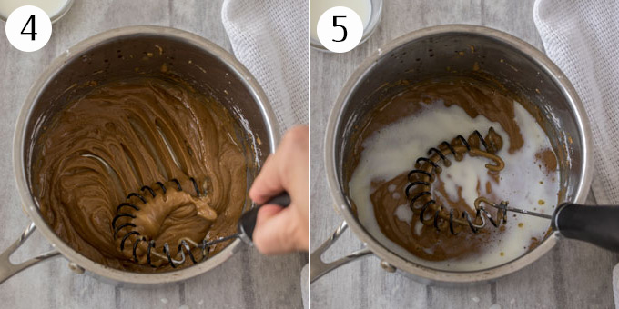 A collage showing how to make brown butter icing in a saucepan.
