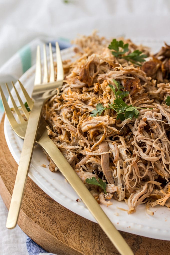 A plate and two forks with freshly shredded cooked pork