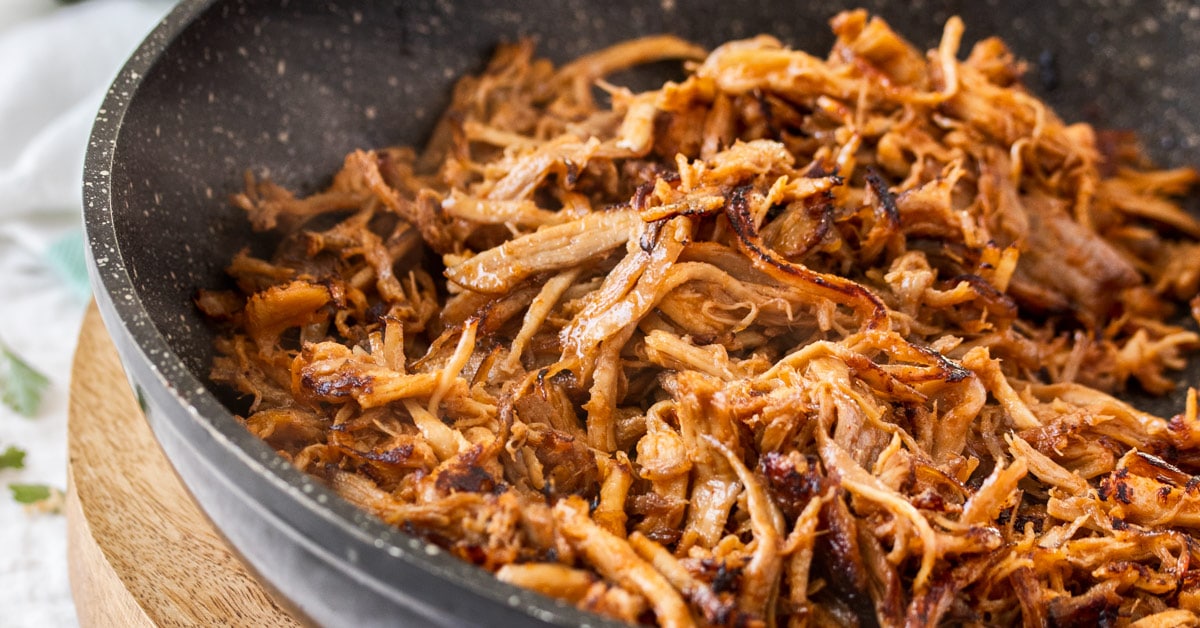 A pan of just cooked BBQ pulled pork