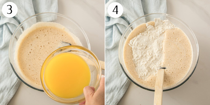 A collage, showing melted butter being added to make cupcake batter, then flour is added.