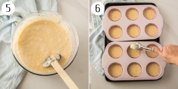 A collage showing bowl of cupcake batter and a muffin tin filled with batter