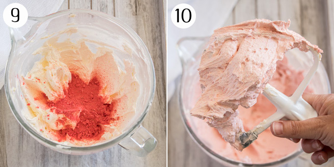 Collage showing adding freeze dried strawberry powder to buttercream
